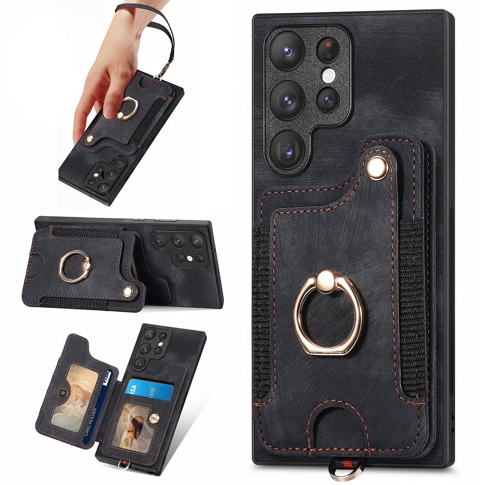 D4 For Samsung Galaxy S23 Ultra RFID Blocking Vintage Phone Case Card Slots Kickstand Cover
