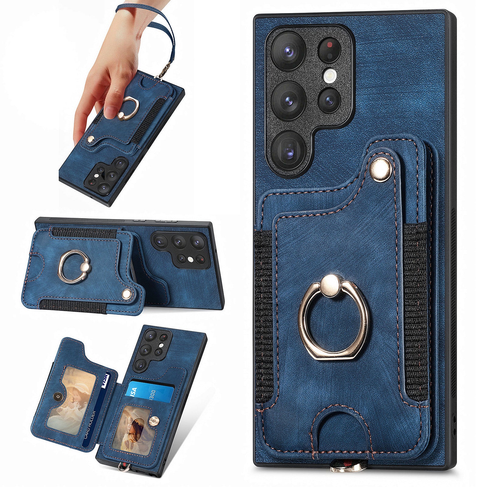 D4 For Samsung Galaxy S23 Ultra RFID Blocking Vintage Phone Case Card Slots Kickstand Cover