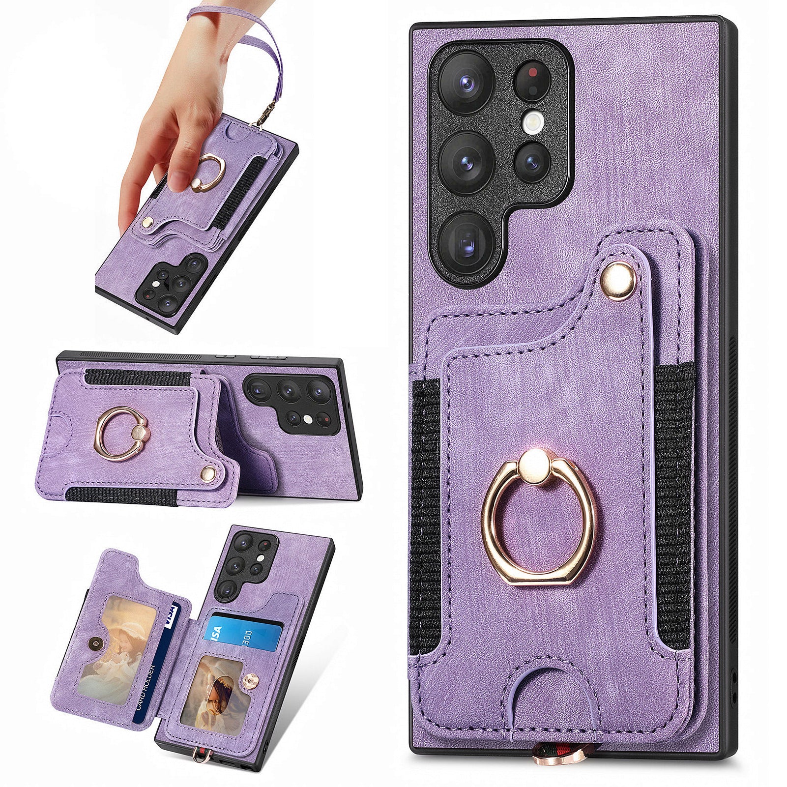 D4 For Samsung Galaxy S23 Ultra RFID Blocking Vintage Phone Case Card Slots Kickstand Cover