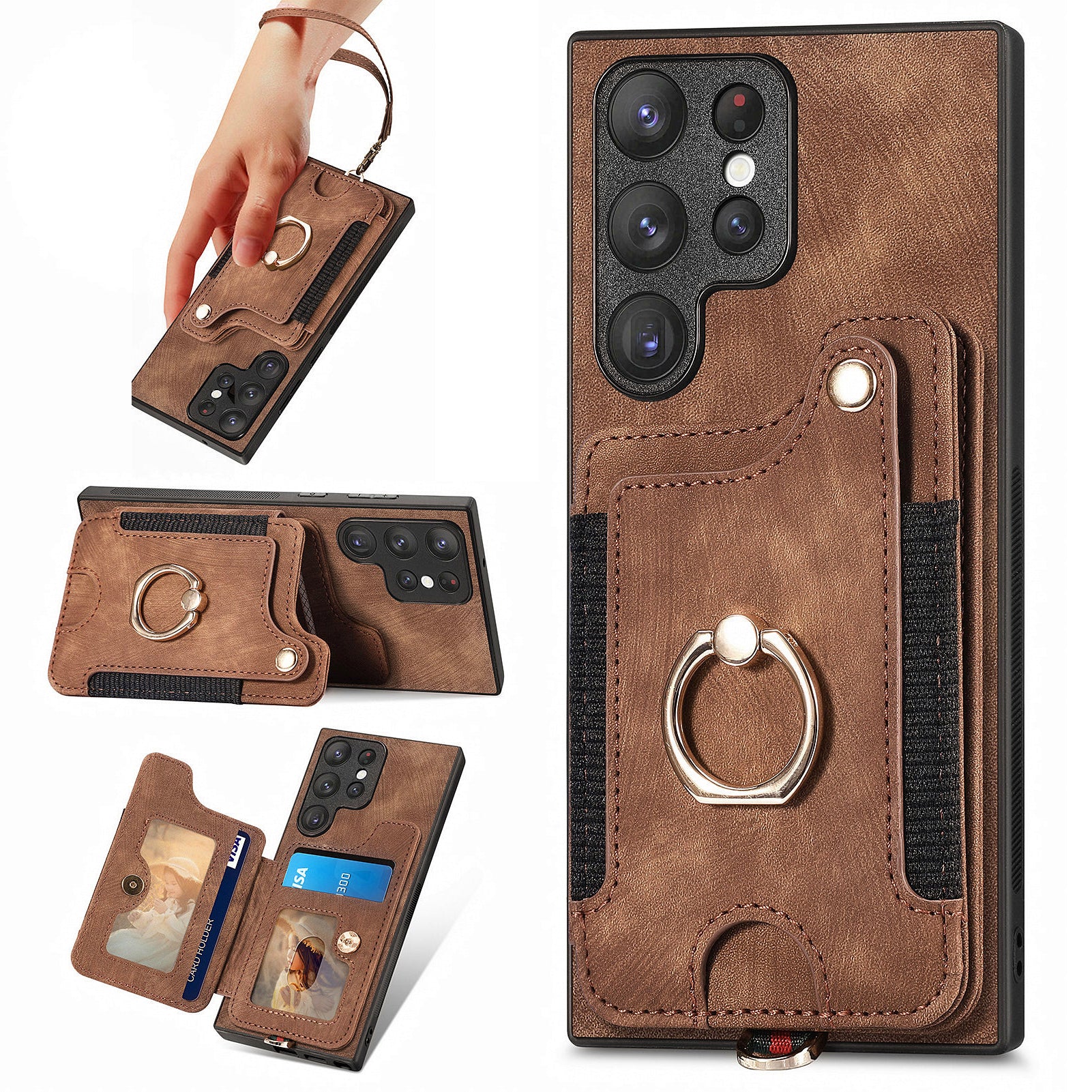 D4 For Samsung Galaxy S23 Ultra RFID Blocking Vintage Phone Case Card Slots Kickstand Cover