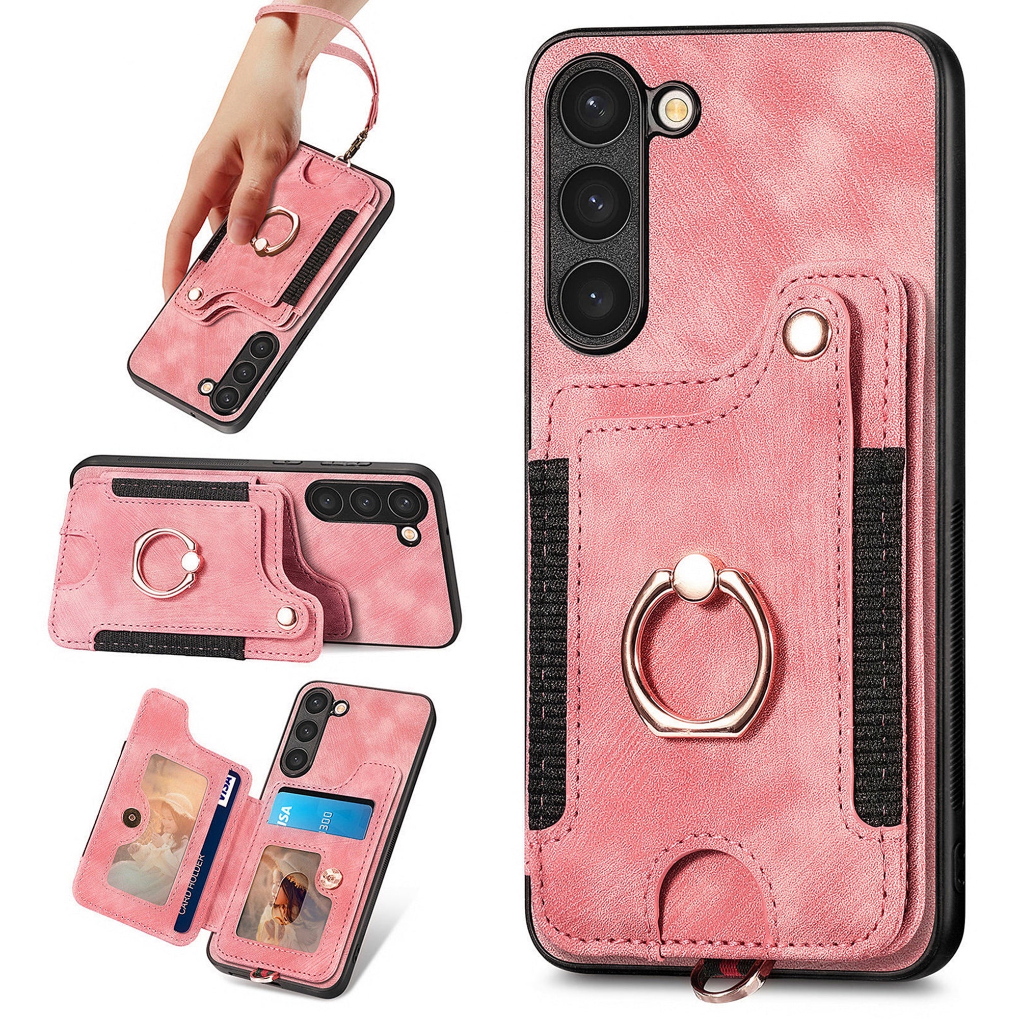 D4 For Samsung Galaxy S23+ Cell Phone Case RFID Blocking Card Holder Ring Kickstand Back Cover