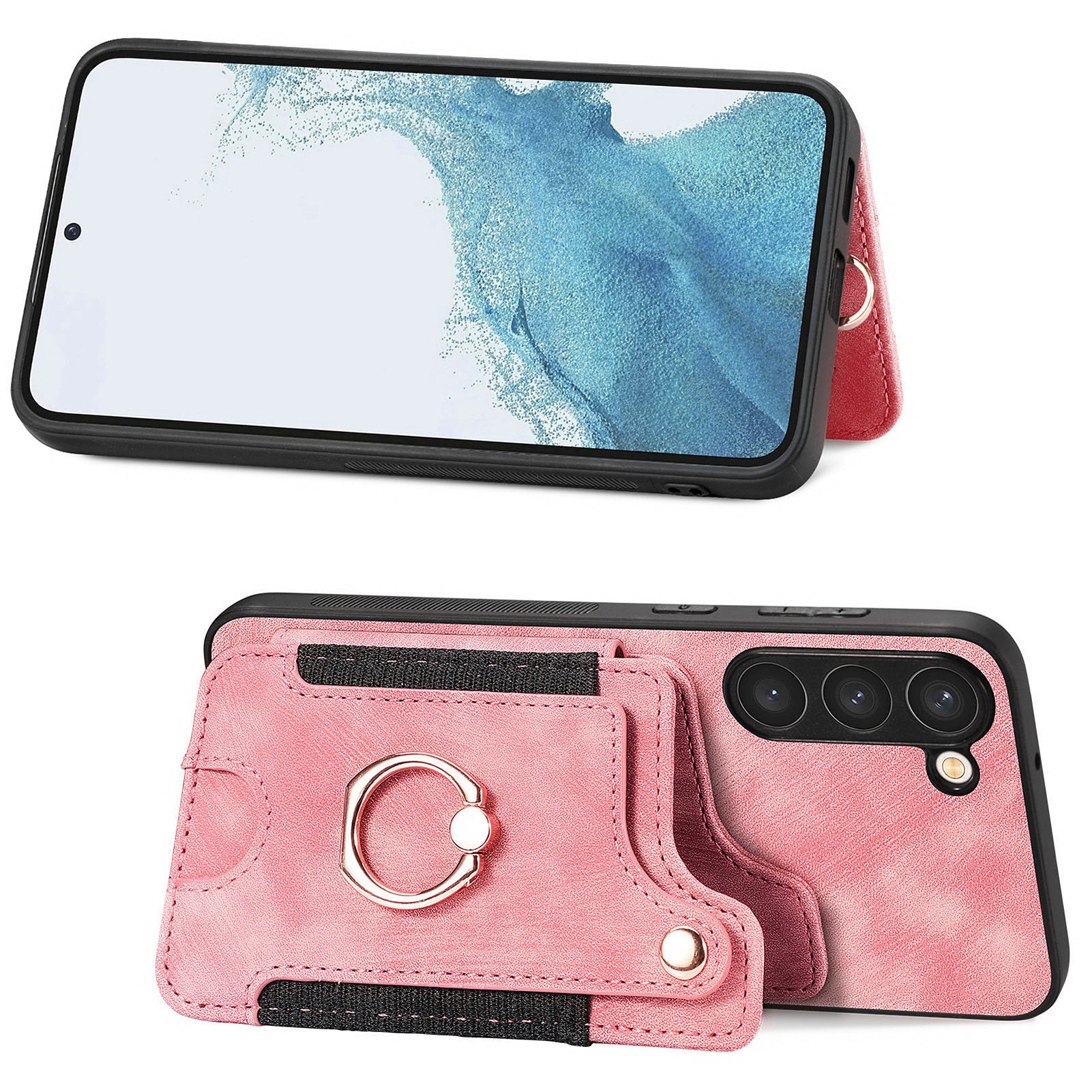 D4 For Samsung Galaxy S23+ Cell Phone Case RFID Blocking Card Holder Ring Kickstand Back Cover