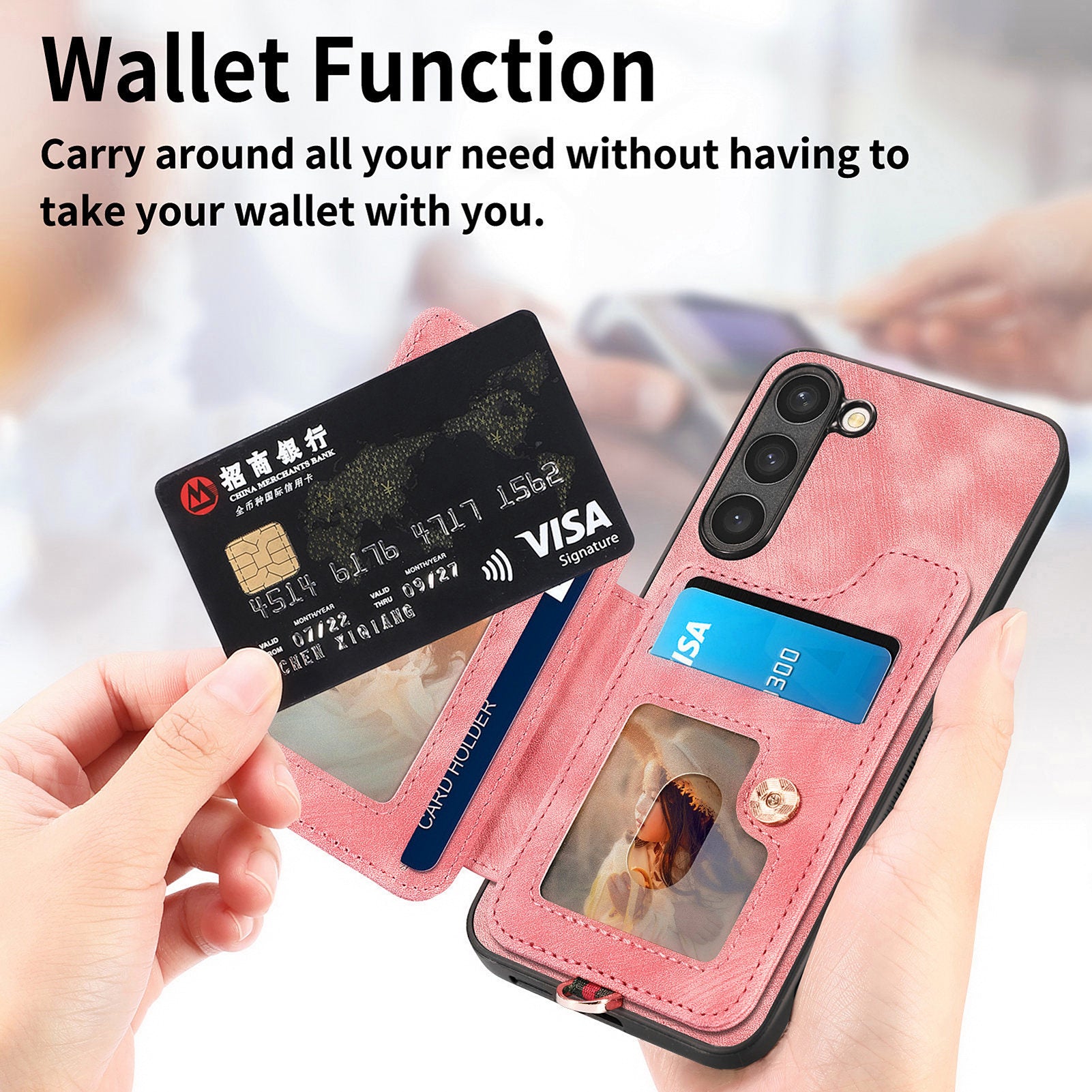 D4 For Samsung Galaxy S23+ Cell Phone Case RFID Blocking Card Holder Ring Kickstand Back Cover