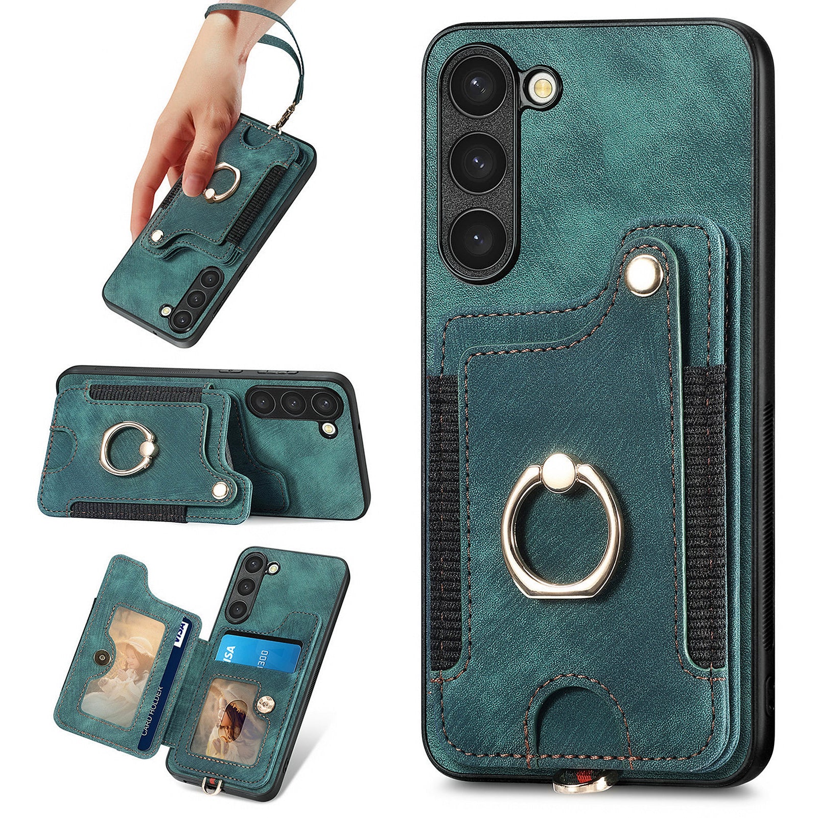 D4 For Samsung Galaxy S23+ Cell Phone Case RFID Blocking Card Holder Ring Kickstand Back Cover