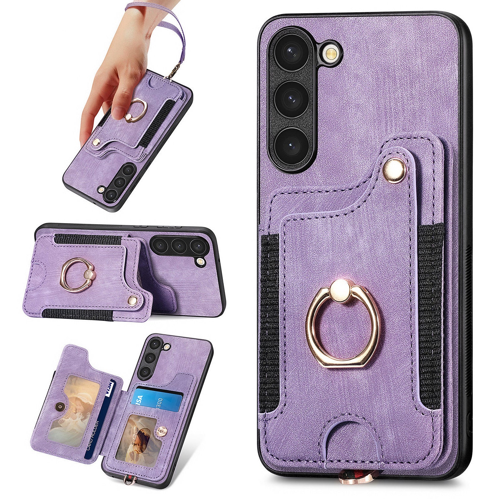 D4 For Samsung Galaxy S23+ Cell Phone Case RFID Blocking Card Holder Ring Kickstand Back Cover