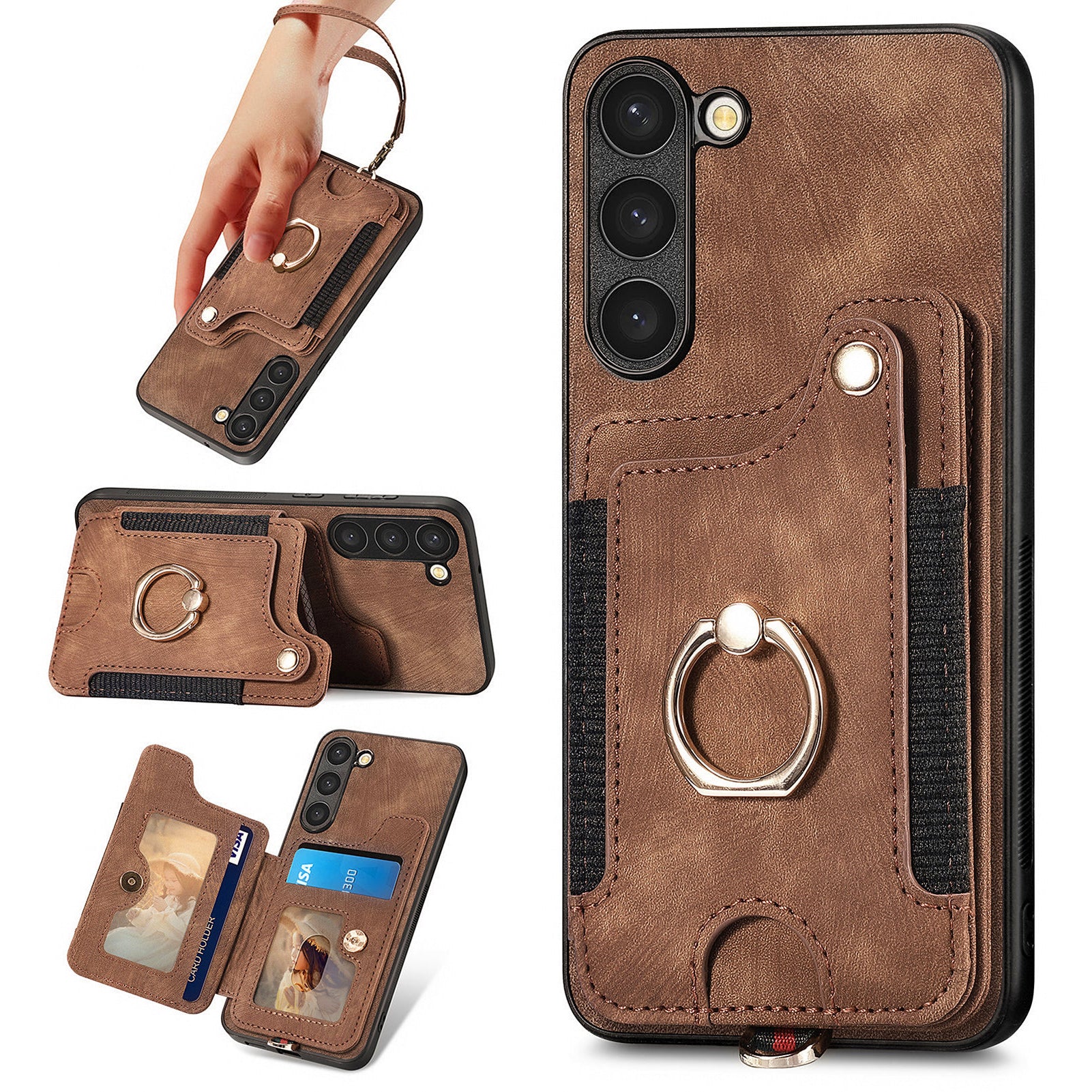D4 For Samsung Galaxy S23+ Cell Phone Case RFID Blocking Card Holder Ring Kickstand Back Cover