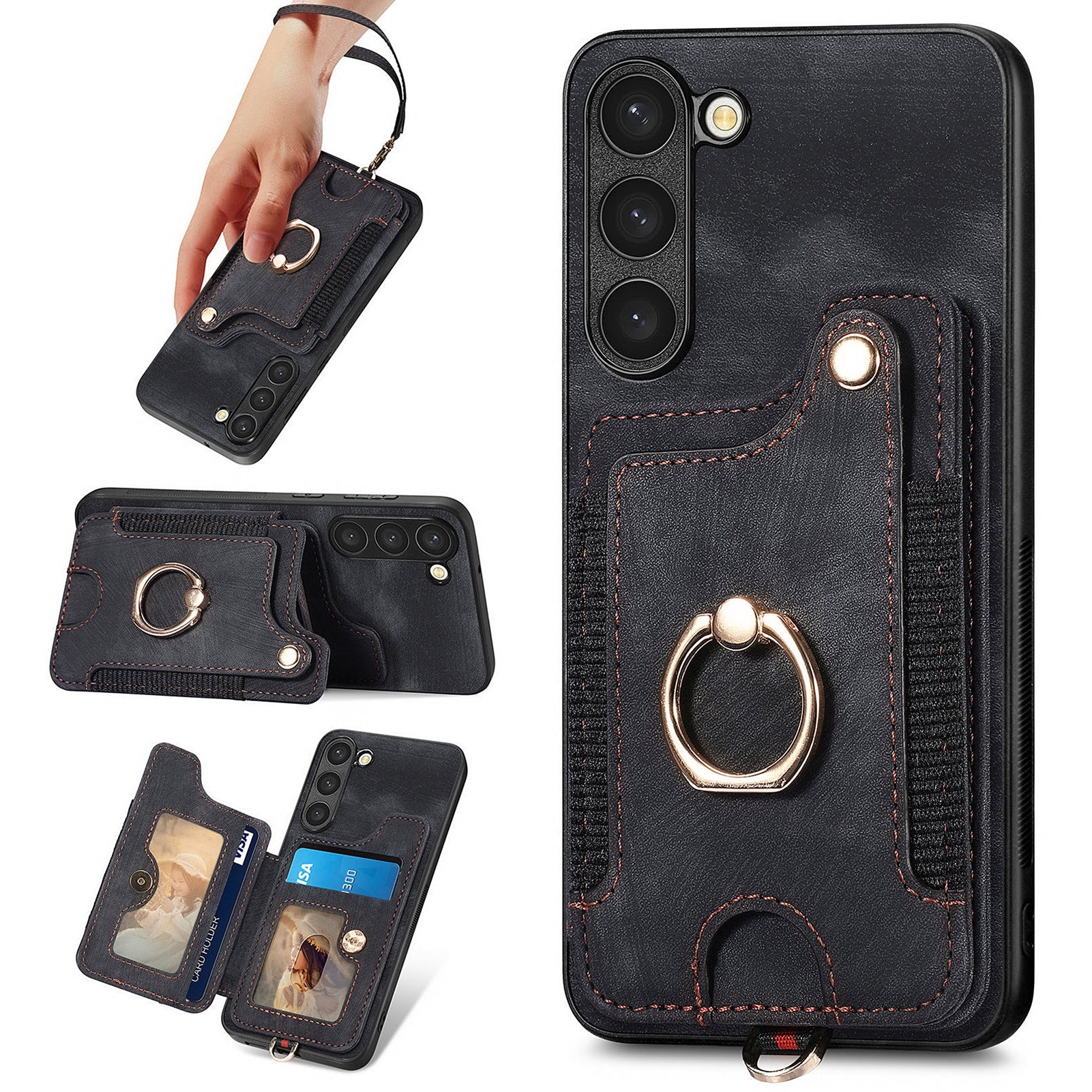 D4 Cell Phone Case for Samsung Galaxy S23 RFID Blocking Card Holder Ring Kickstand Back Cover