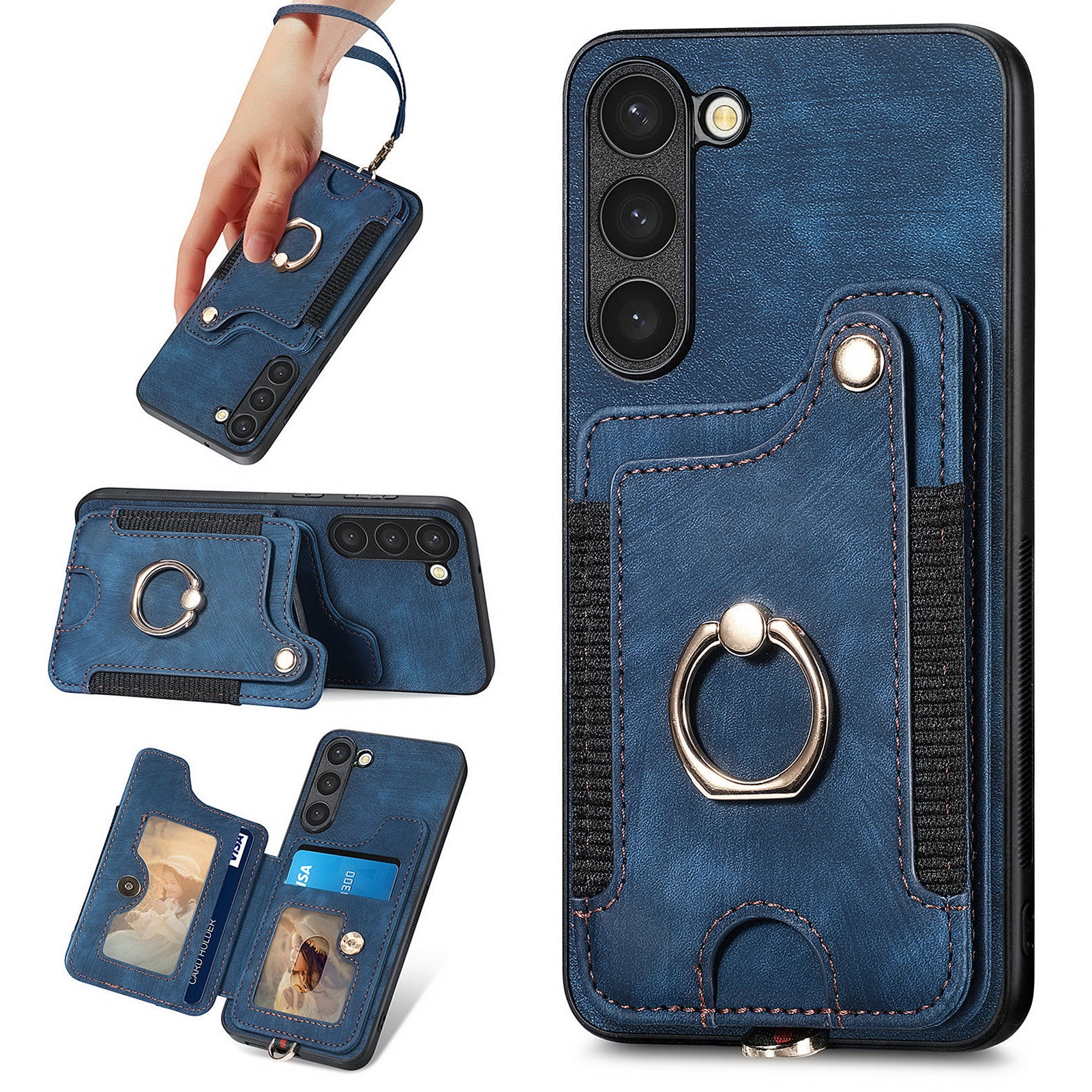D4 Cell Phone Case for Samsung Galaxy S23 RFID Blocking Card Holder Ring Kickstand Back Cover