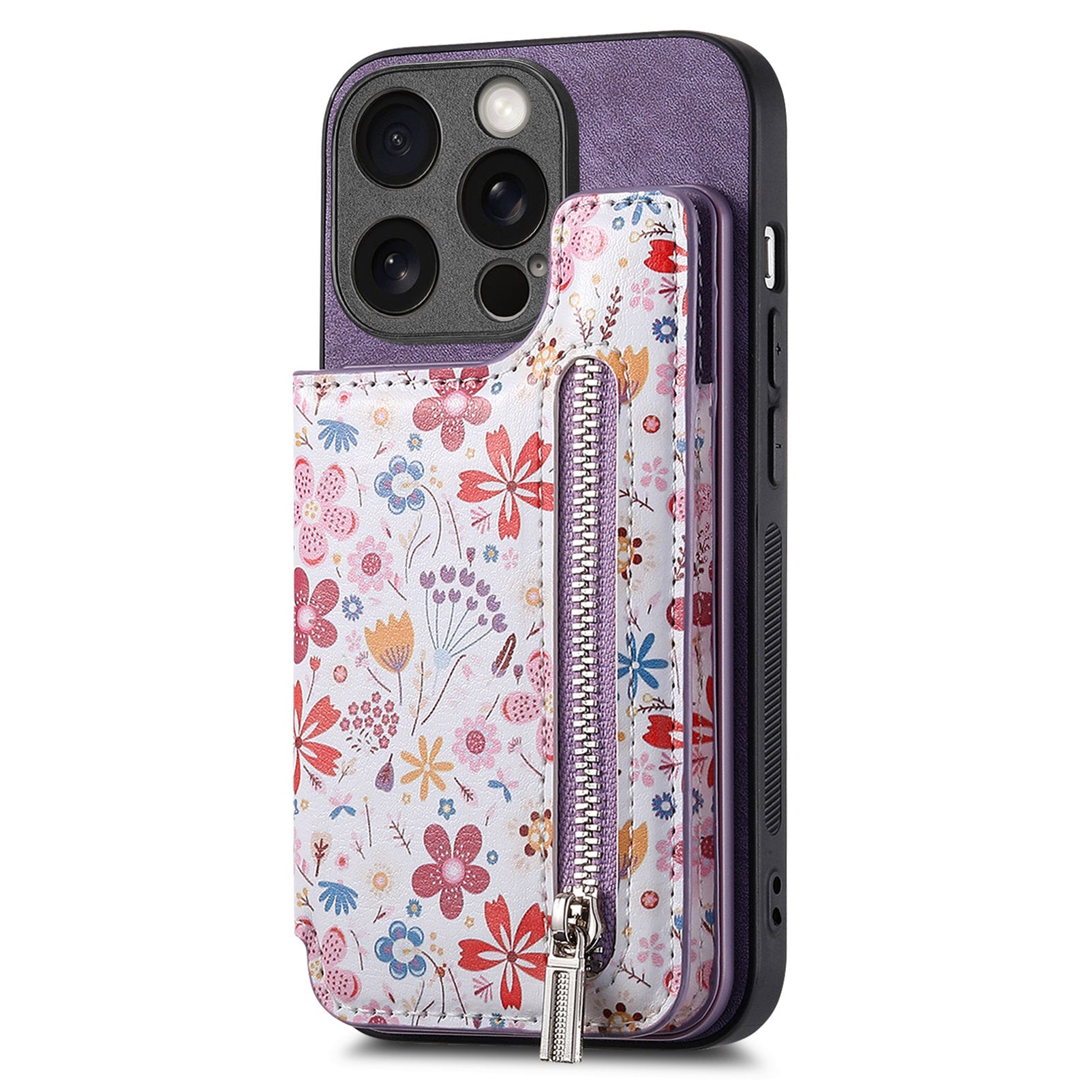 D10 For iPhone 13 Pro 6.1 inch Phone Cover Colorful Printed Card Holder Zipper Design Protective Case