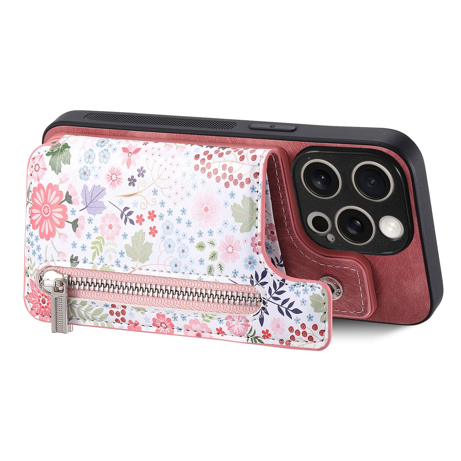 D10 Phone Cover for iPhone 14 Pro Max Colorful Printed Card Holder Zipper Design Protective Case