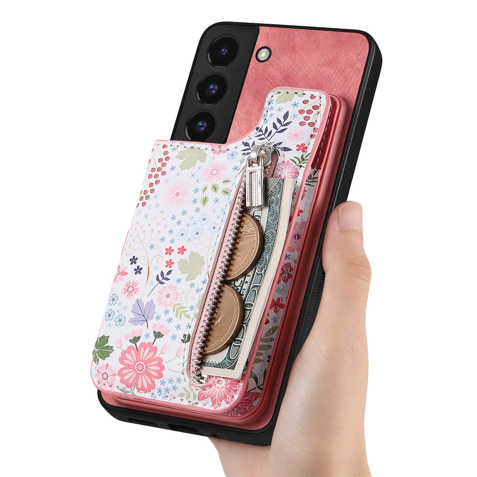 D10 Phone Cover for Samsung Galaxy S22 5G Colorful Printed Card Holder Zipper Design Back Shell
