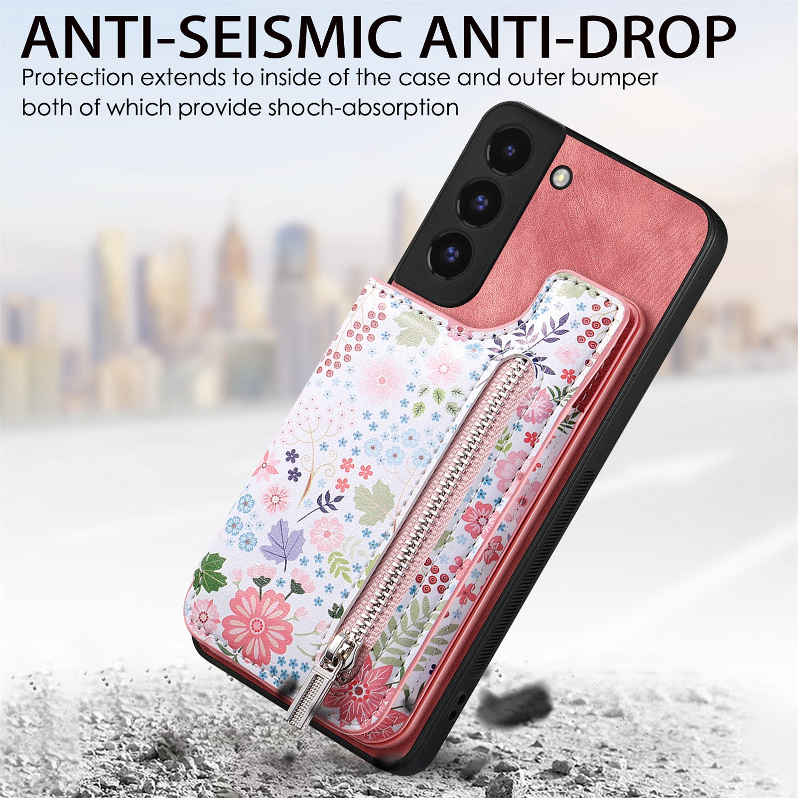 D10 Phone Cover for Samsung Galaxy S22 5G Colorful Printed Card Holder Zipper Design Back Shell