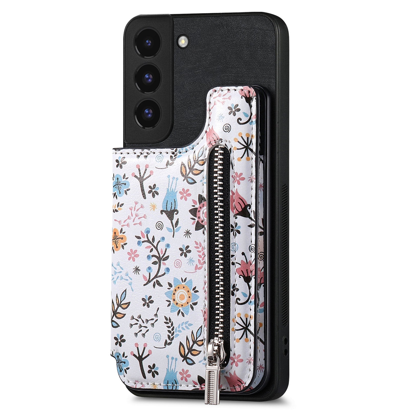 D10 Phone Cover for Samsung Galaxy S22 5G Colorful Printed Card Holder Zipper Design Back Shell