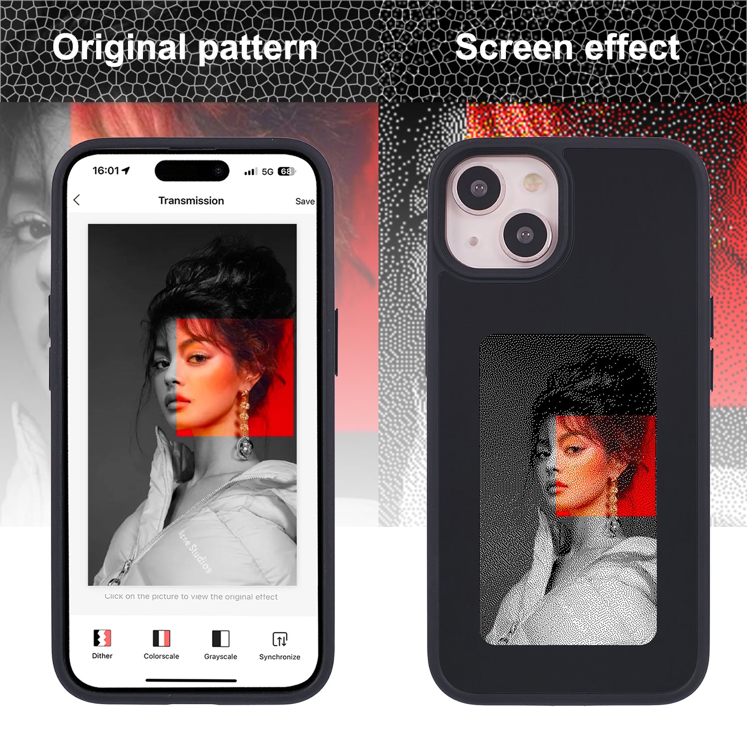 INKZONE For iPhone 15 Case PC+TPU 4-Color E Ink Case Smart Photo Rear Projection DIY Phone Cover