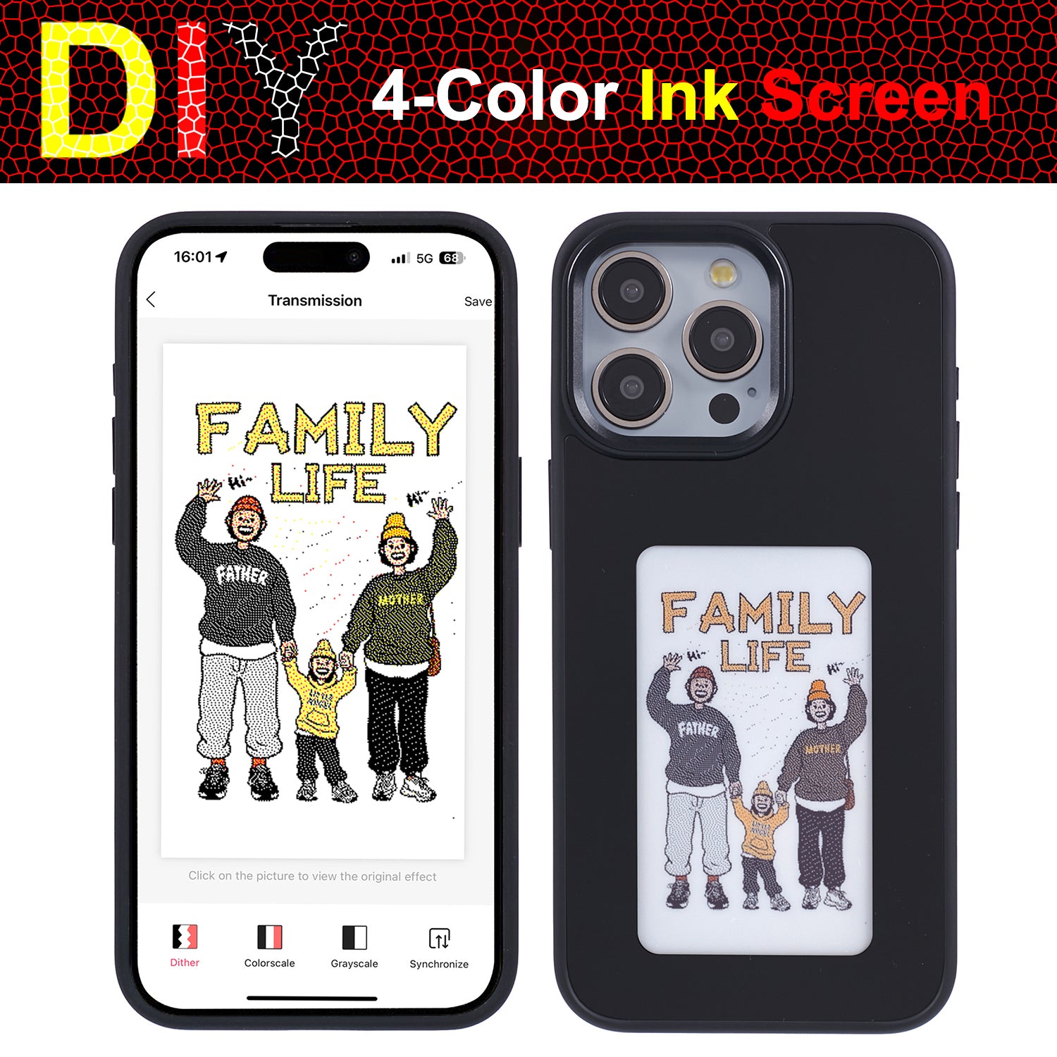 INKZONE For iPhone 13 Pro Max Case PC+TPU 4-Color E Ink Case Phone Cover DIY Images NFC Transmission