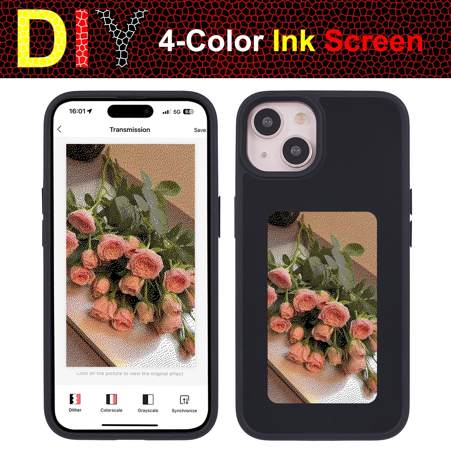 INKZONE For iPhone 13 / 14 Case PC+TPU 4-Color E Ink Case DIY Smart Display Customized Phone Cover