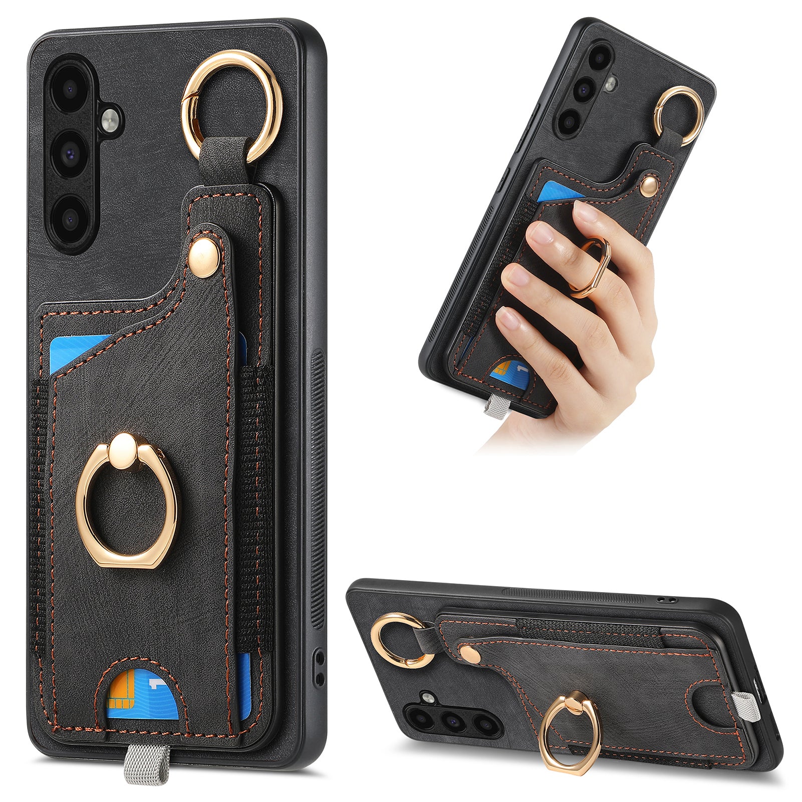D6 For Samsung Galaxy A55 5G Case Card Holder Leather+TPU Phone Back Cover with Ring Kickstand