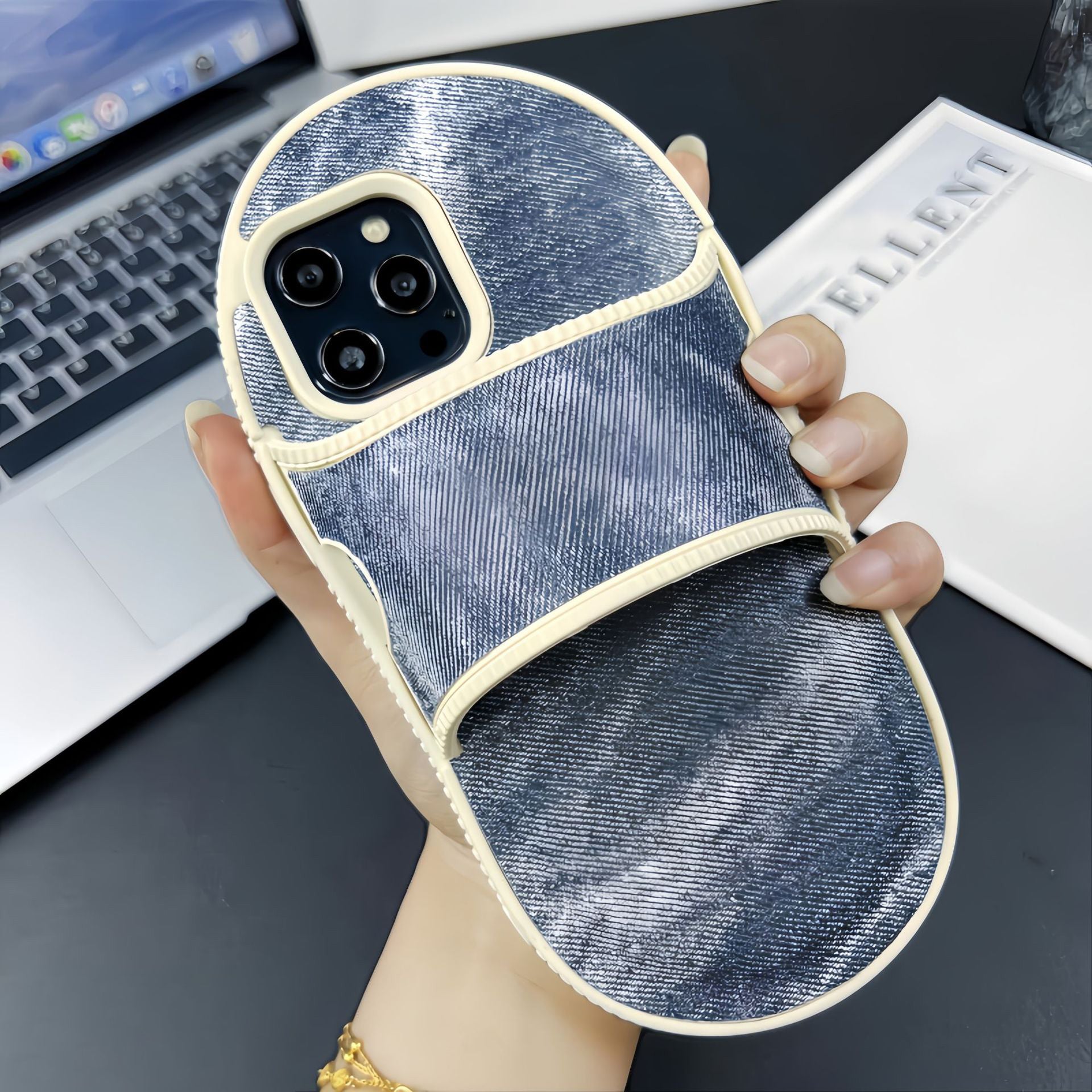 For iPhone 12 Pro Max Kickstand Case Denim Slipper Design Mirror Function TPU Phone Cover