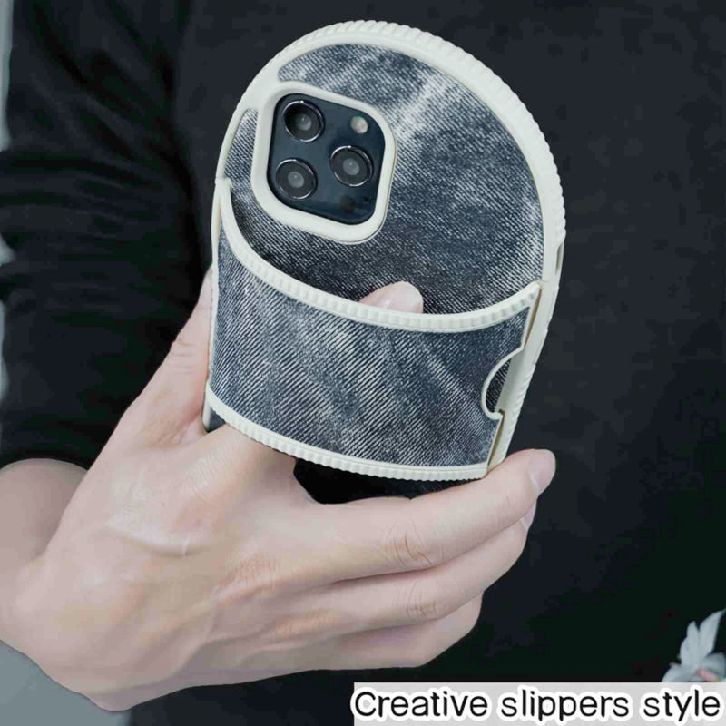 For iPhone 12 Pro Max Kickstand Case Denim Slipper Design Mirror Function TPU Phone Cover