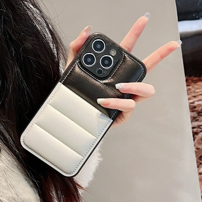 For iPhone 12 Pro Case Down Jacket Design Splicing Color Leather+TPU Phone Cover