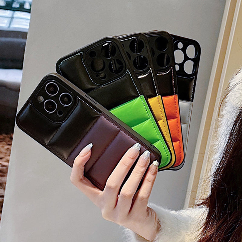 For iPhone 12 Pro Case Down Jacket Design Splicing Color Leather+TPU Phone Cover