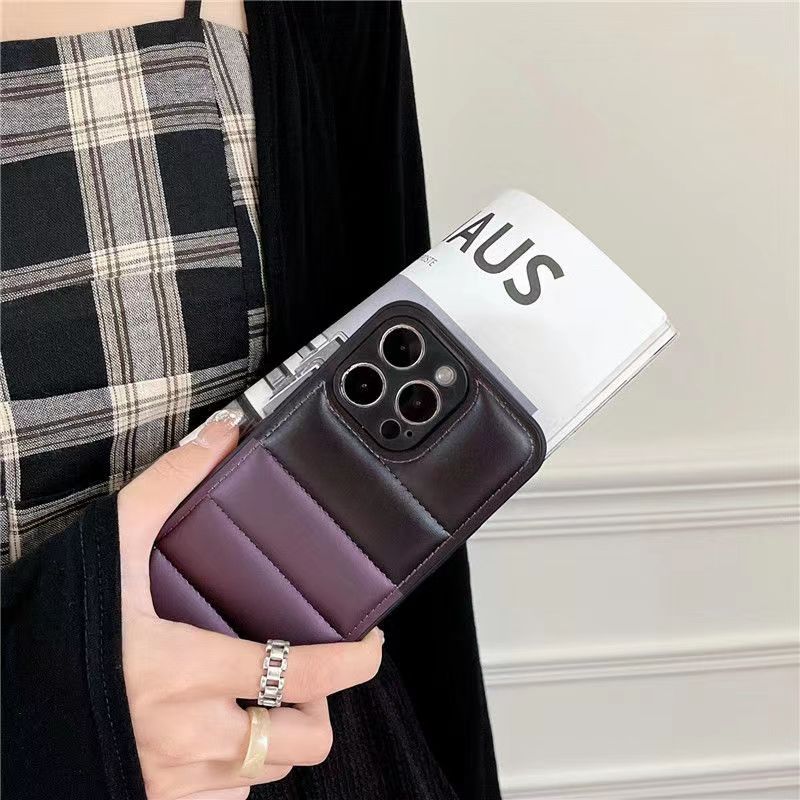 For iPhone 12 Pro Case Down Jacket Design Splicing Color Leather+TPU Phone Cover