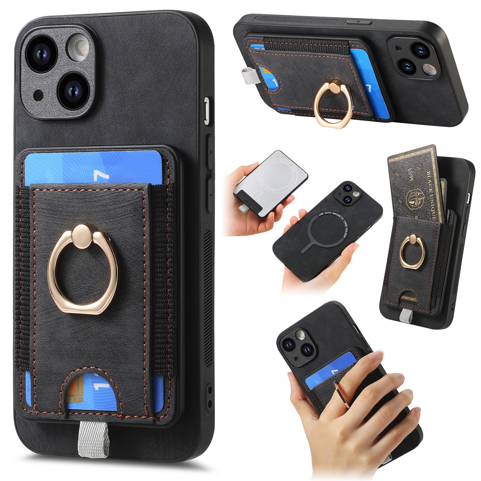 D7 For iPhone 13 6.1 inch Magnetic Phone Case Ring Kickstand PU Leather Coated TPU Cover