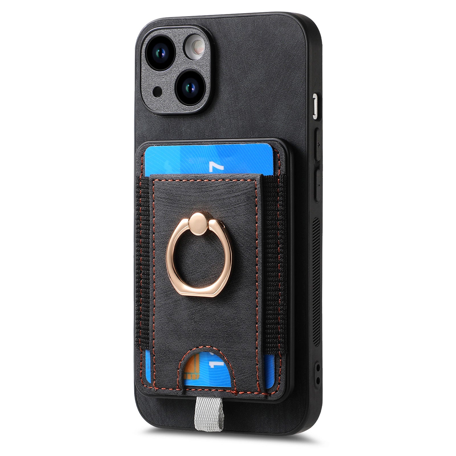 D7 For iPhone 13 6.1 inch Magnetic Phone Case Ring Kickstand PU Leather Coated TPU Cover