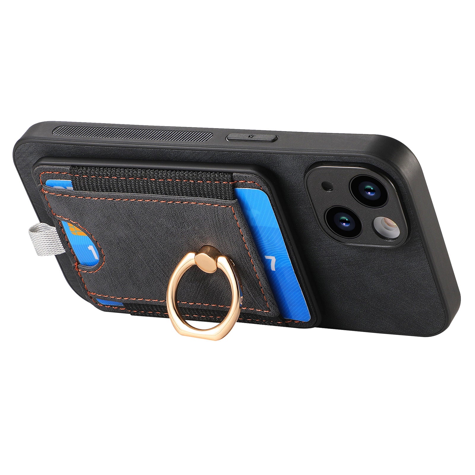 D7 For iPhone 13 6.1 inch Magnetic Phone Case Ring Kickstand PU Leather Coated TPU Cover
