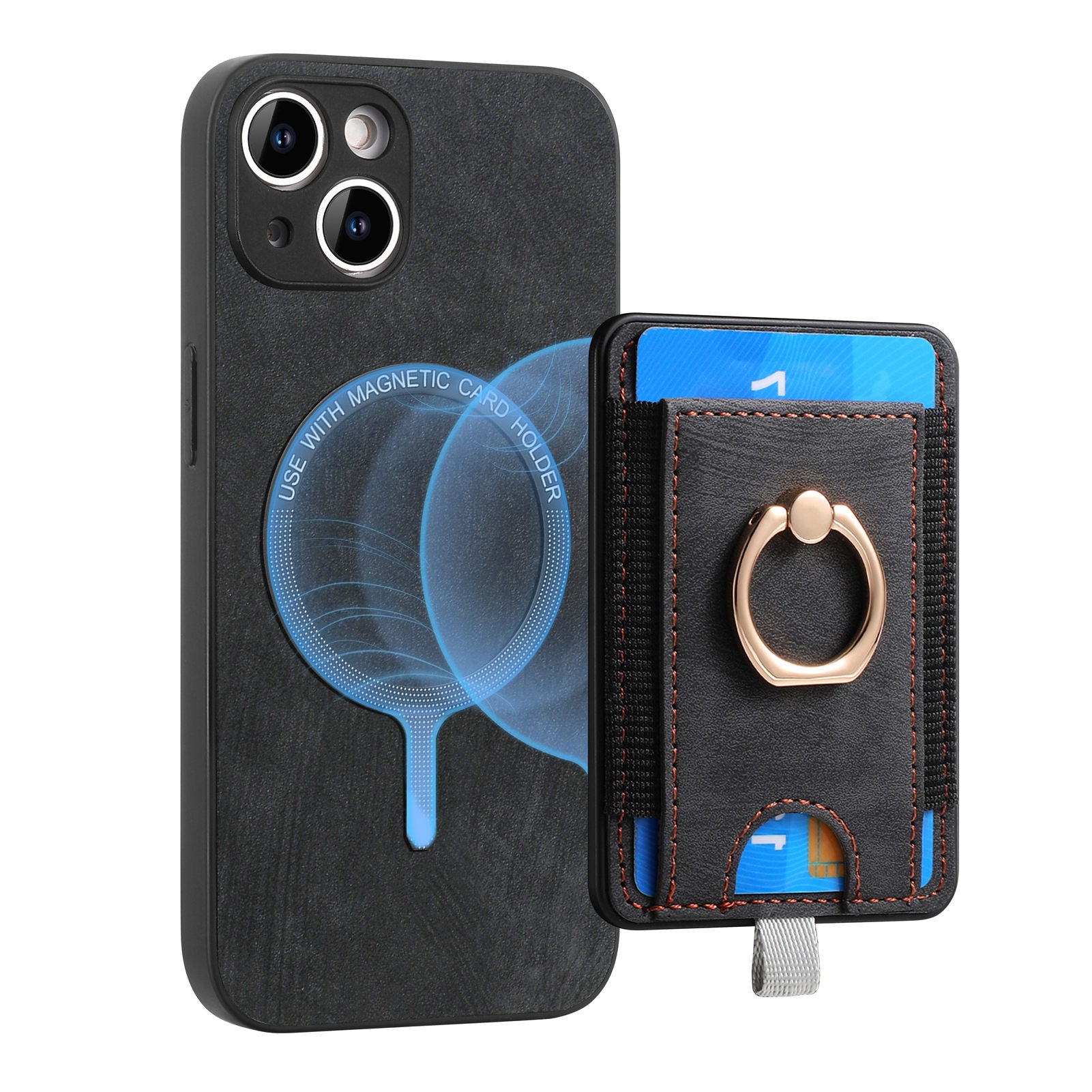 D7 For iPhone 13 6.1 inch Magnetic Phone Case Ring Kickstand PU Leather Coated TPU Cover