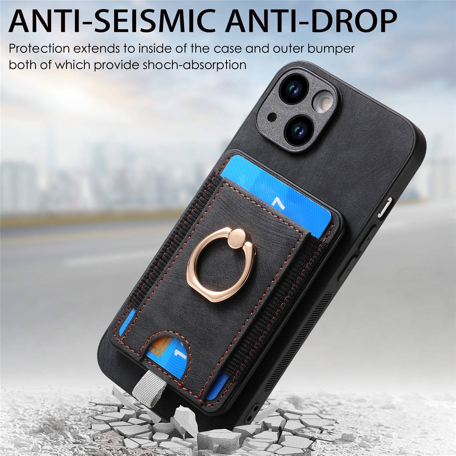 D7 For iPhone 13 6.1 inch Magnetic Phone Case Ring Kickstand PU Leather Coated TPU Cover