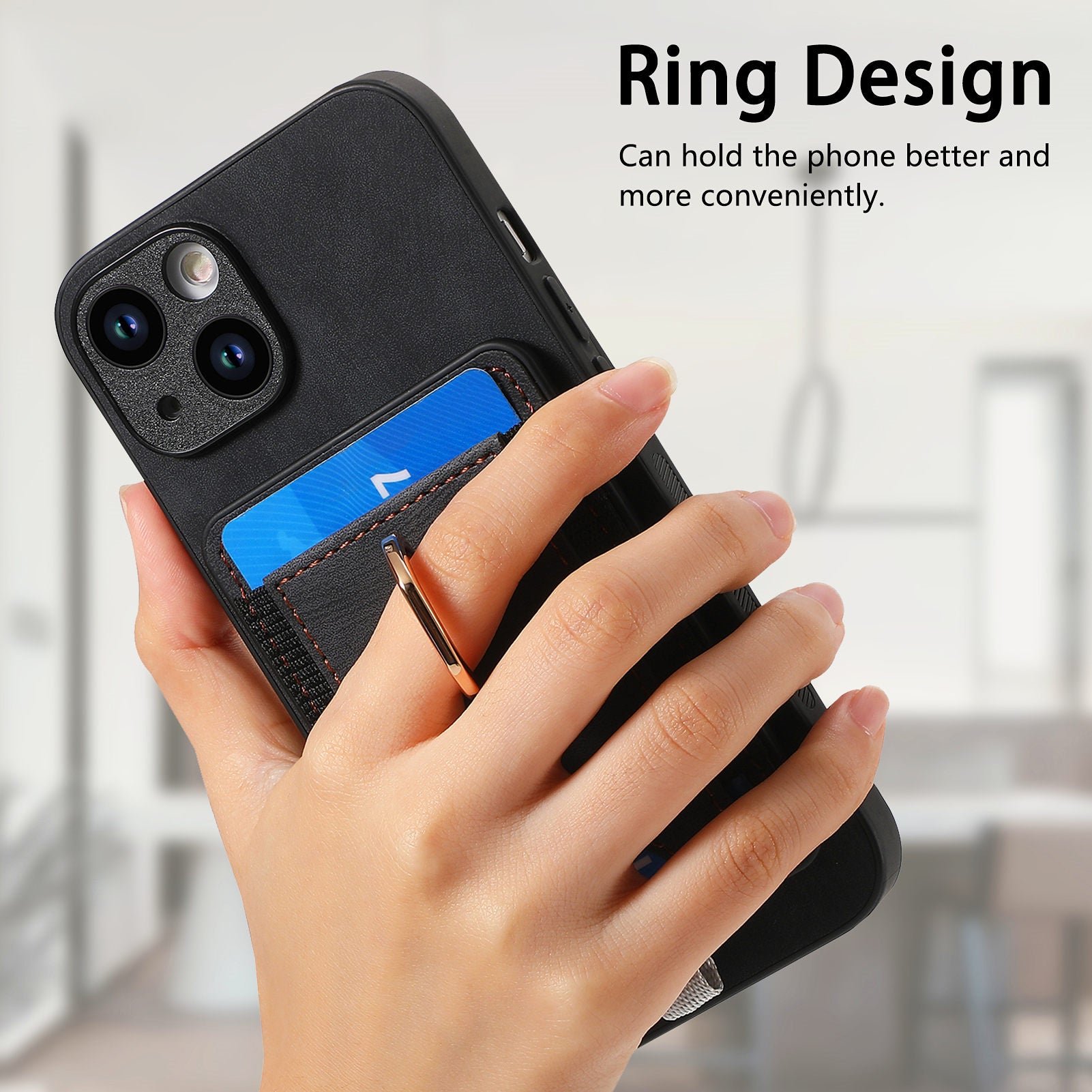 D7 For iPhone 13 6.1 inch Magnetic Phone Case Ring Kickstand PU Leather Coated TPU Cover