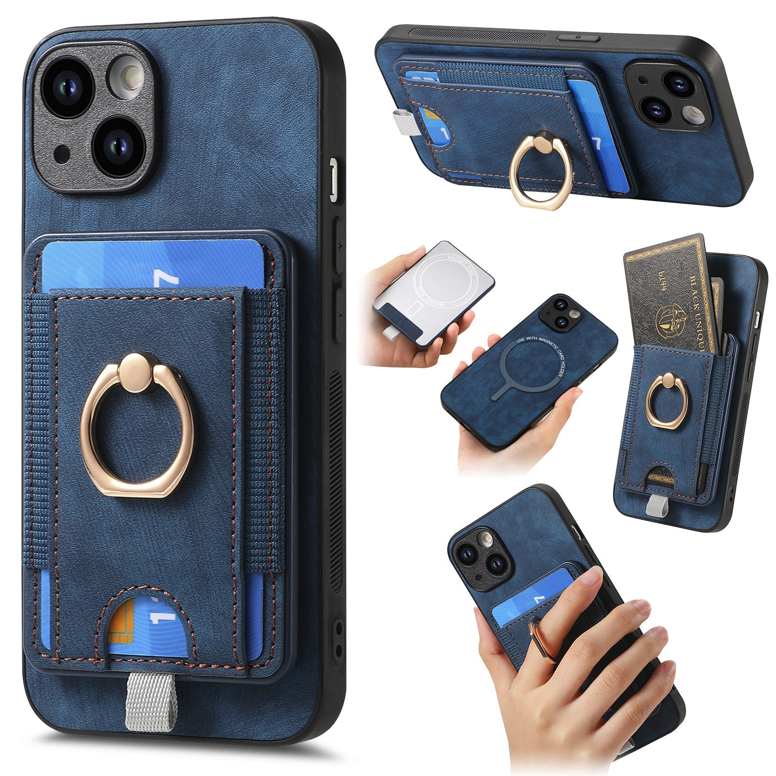 D7 For iPhone 13 6.1 inch Magnetic Phone Case Ring Kickstand PU Leather Coated TPU Cover