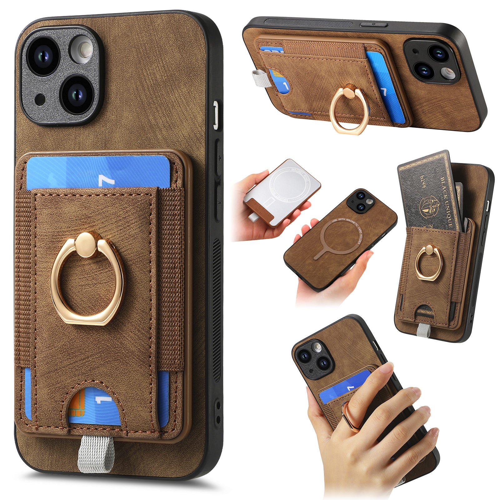 D7 For iPhone 13 6.1 inch Magnetic Phone Case Ring Kickstand PU Leather Coated TPU Cover