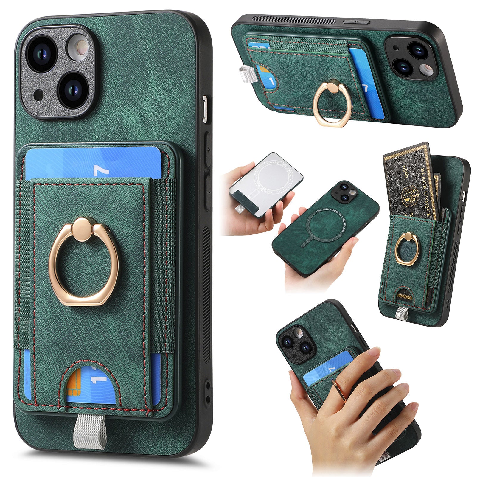 D7 For iPhone 13 6.1 inch Magnetic Phone Case Ring Kickstand PU Leather Coated TPU Cover