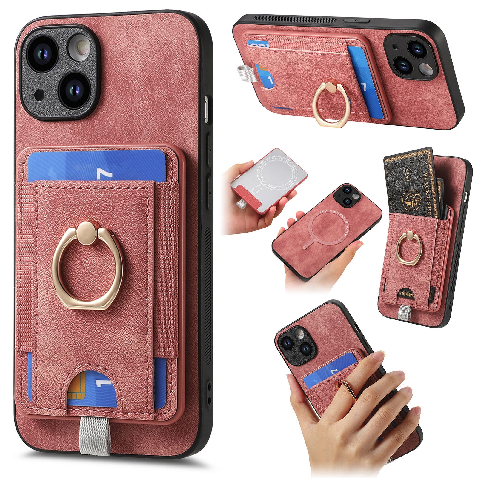 D7 For iPhone 13 6.1 inch Magnetic Phone Case Ring Kickstand PU Leather Coated TPU Cover