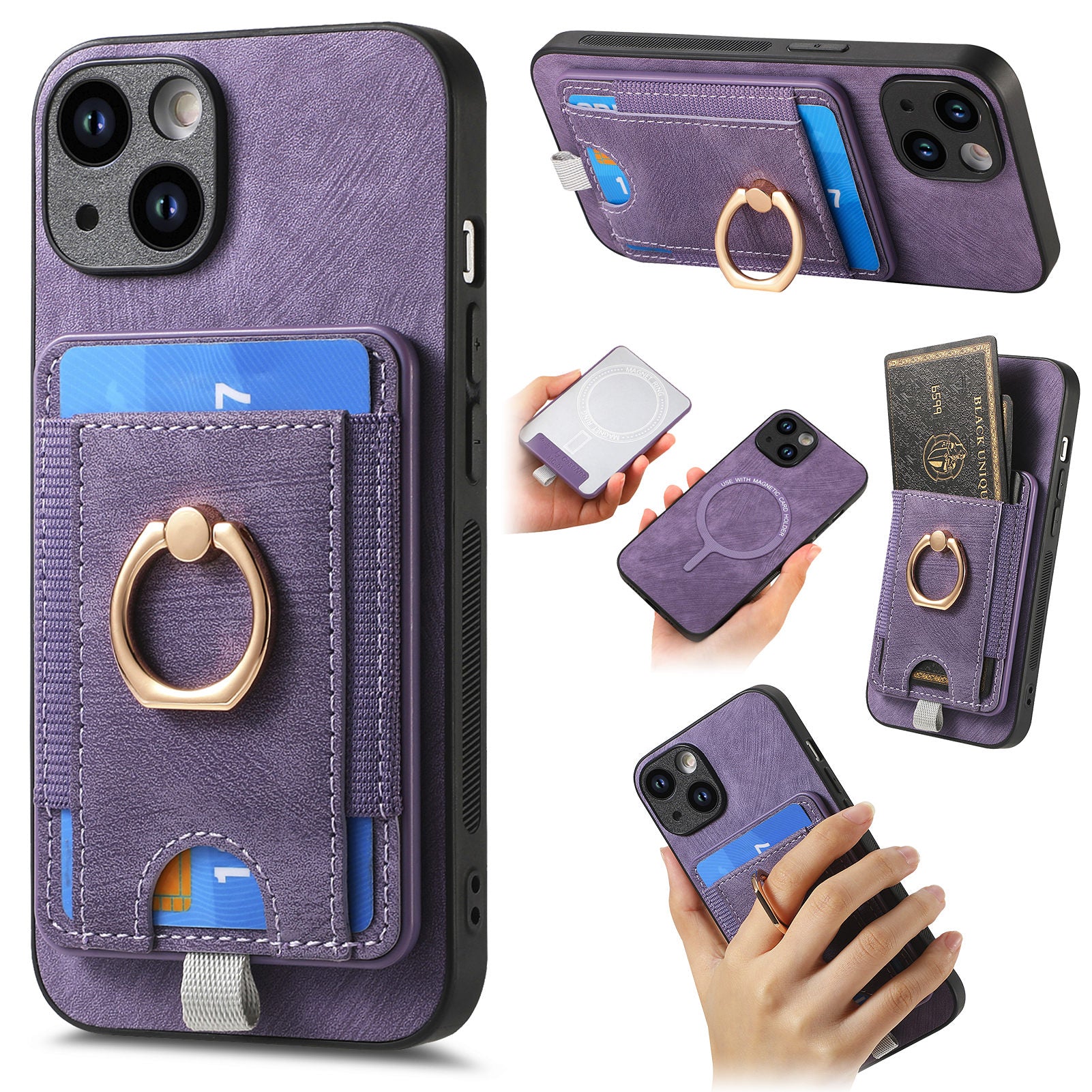 D7 For iPhone 13 6.1 inch Magnetic Phone Case Ring Kickstand PU Leather Coated TPU Cover