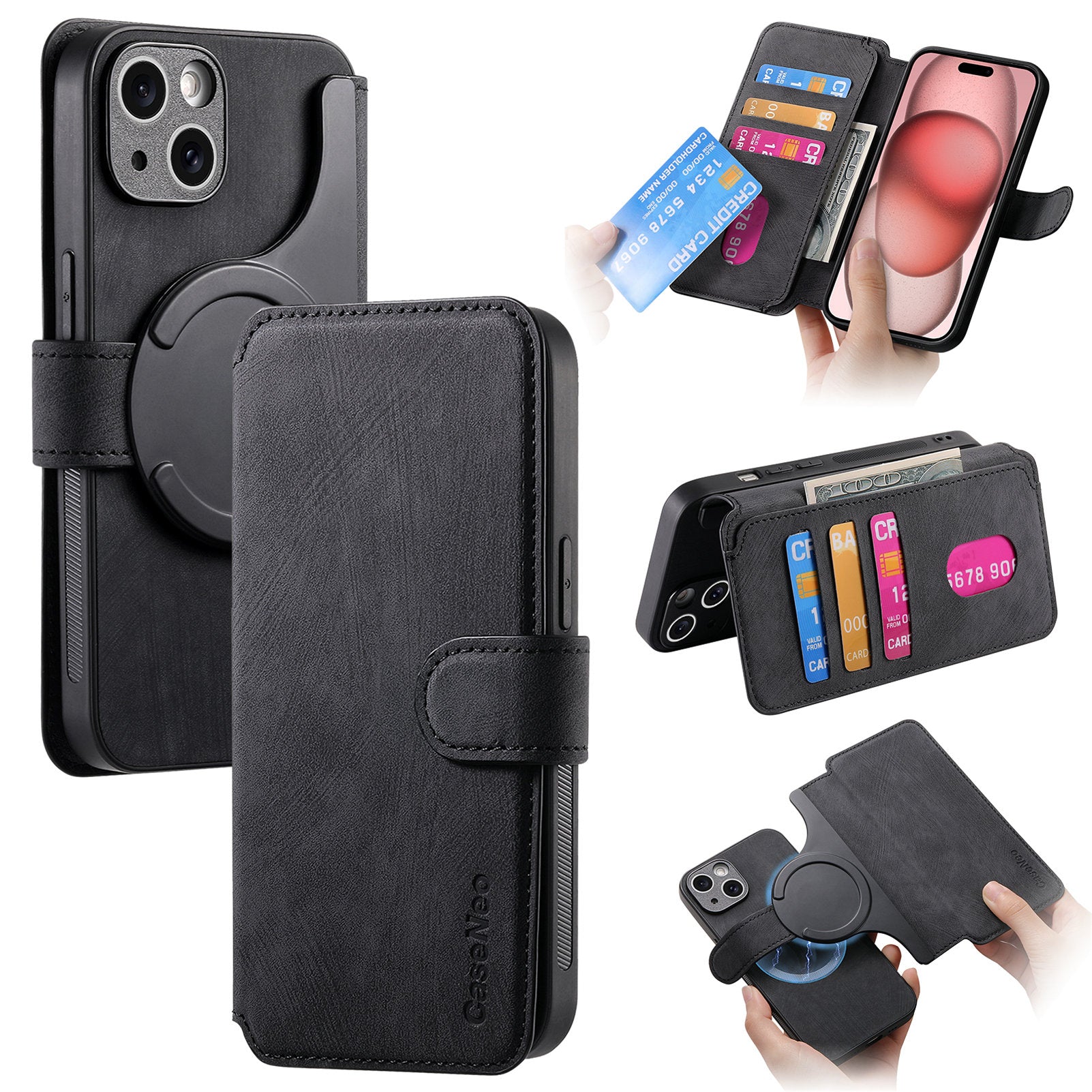 CASENEO MW-03 For iPhone 15 Case Detachable PU Leather Coated TPU Stand Wallet Phone Cover