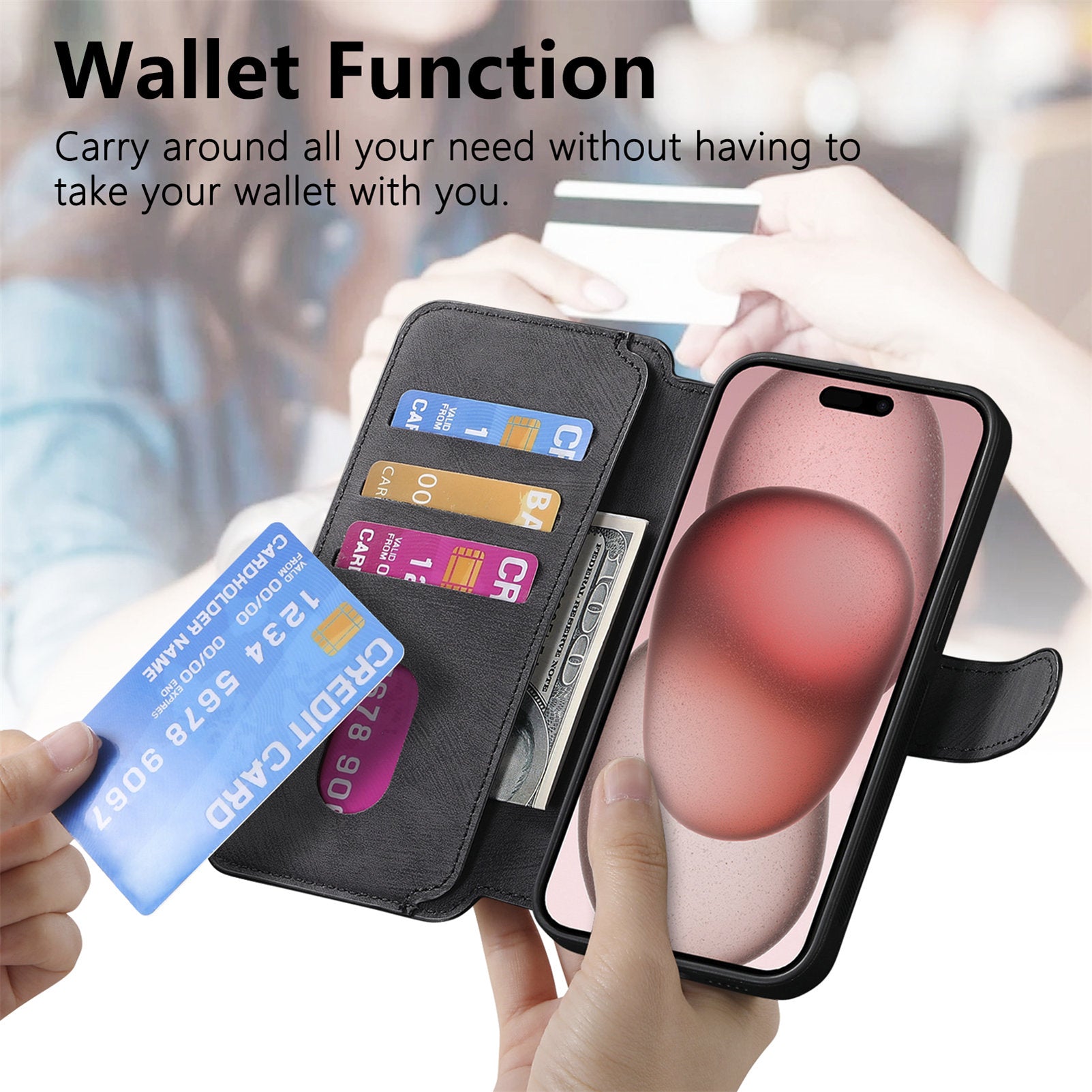 CASENEO MW-03 For iPhone 15 Case Detachable PU Leather Coated TPU Stand Wallet Phone Cover