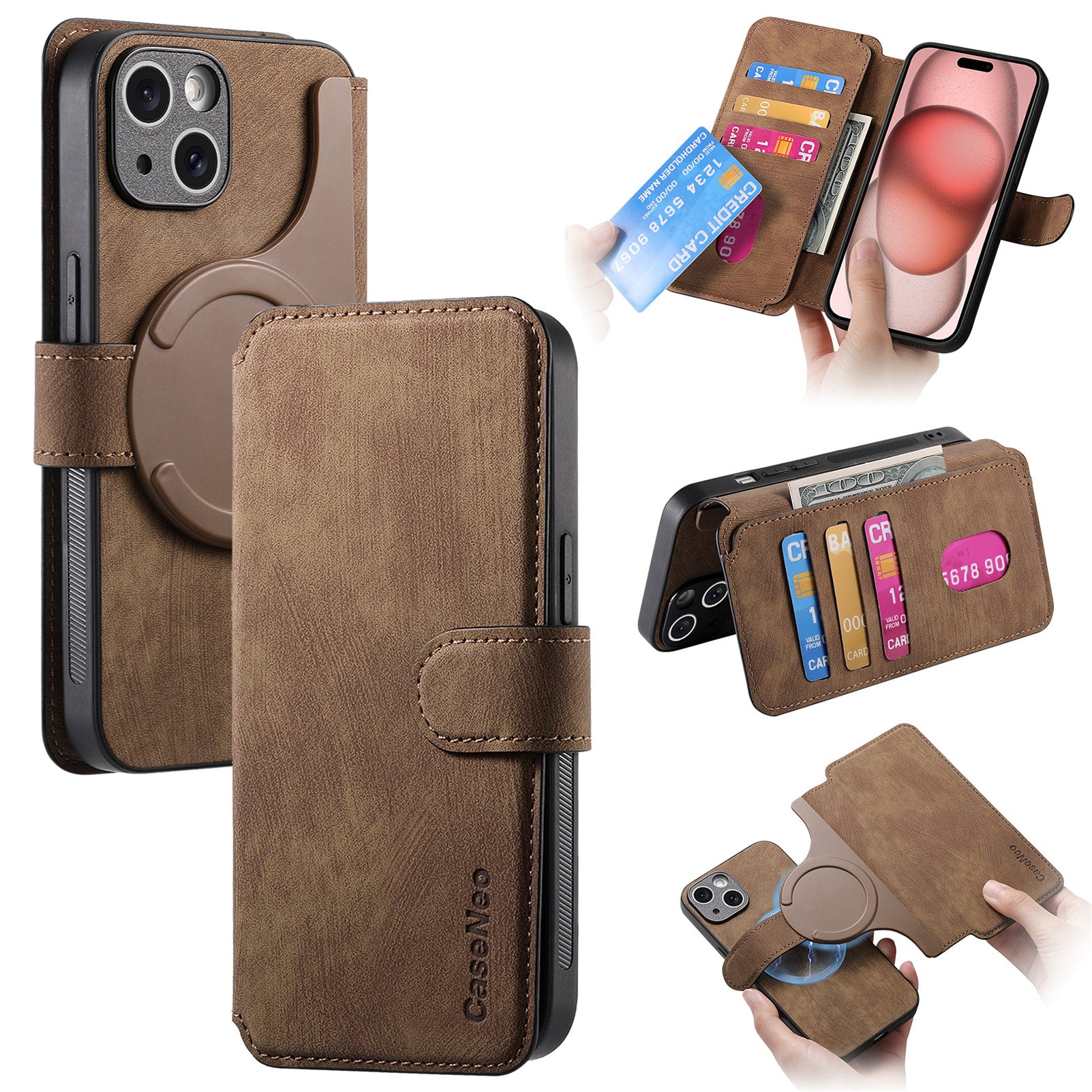 CASENEO MW-03 For iPhone 15 Case Detachable PU Leather Coated TPU Stand Wallet Phone Cover