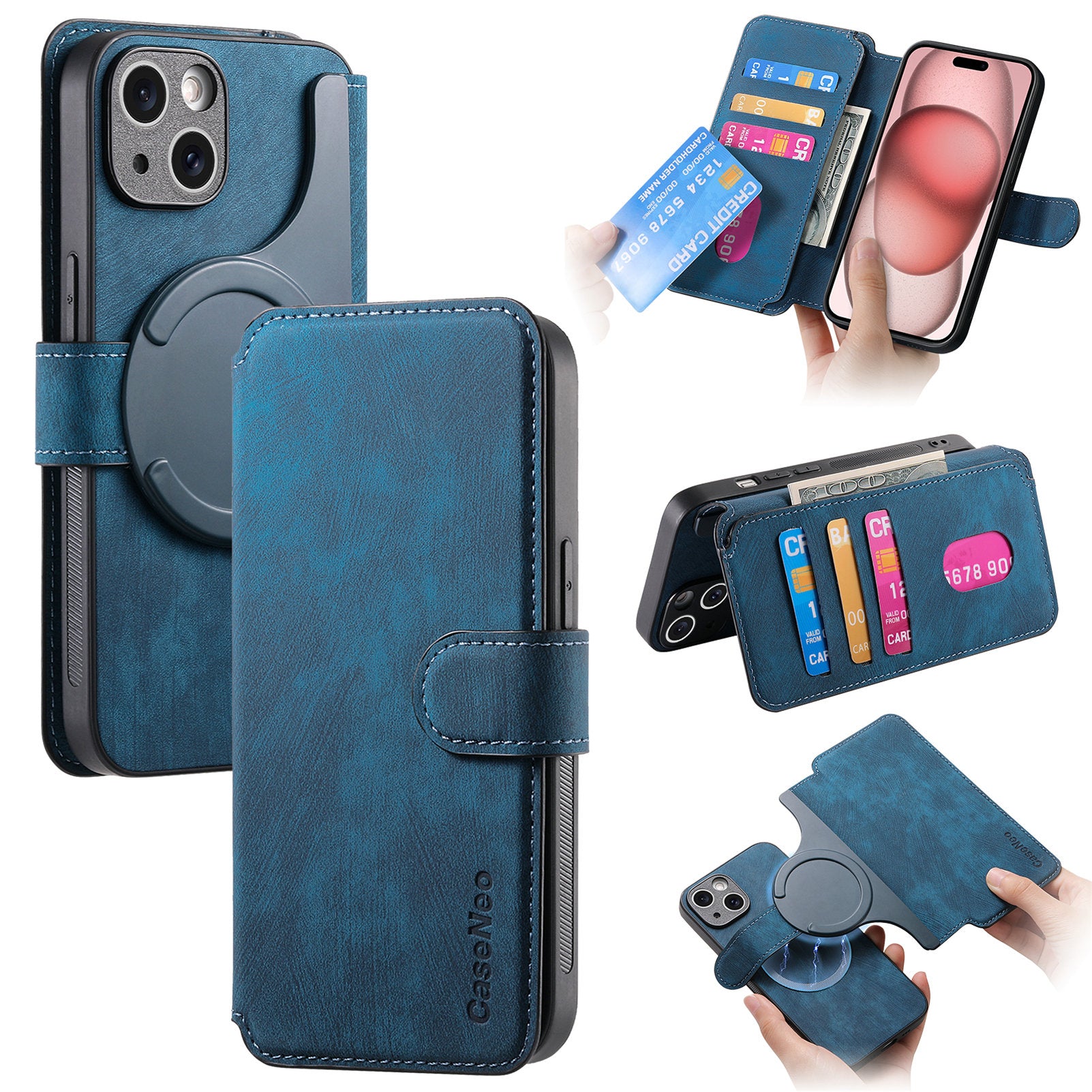 CASENEO MW-03 For iPhone 15 Case Detachable PU Leather Coated TPU Stand Wallet Phone Cover