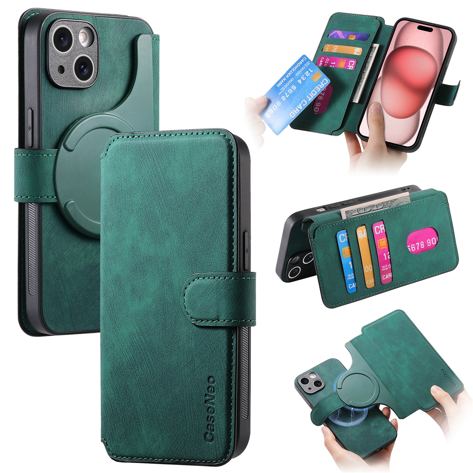 CASENEO MW-03 For iPhone 15 Case Detachable PU Leather Coated TPU Stand Wallet Phone Cover