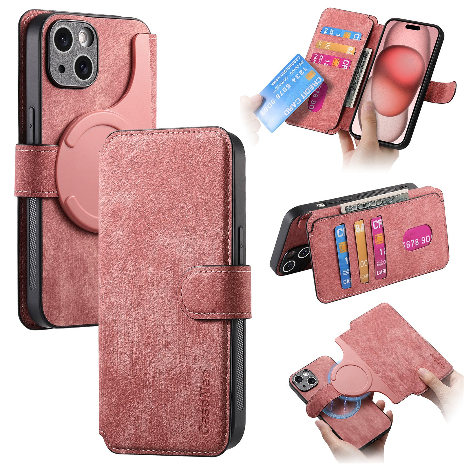 CASENEO MW-03 For iPhone 15 Case Detachable PU Leather Coated TPU Stand Wallet Phone Cover