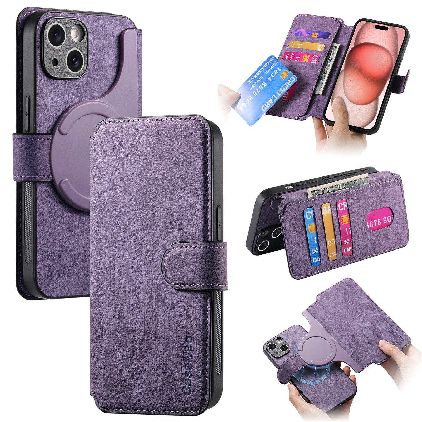CASENEO MW-03 For iPhone 15 Case Detachable PU Leather Coated TPU Stand Wallet Phone Cover