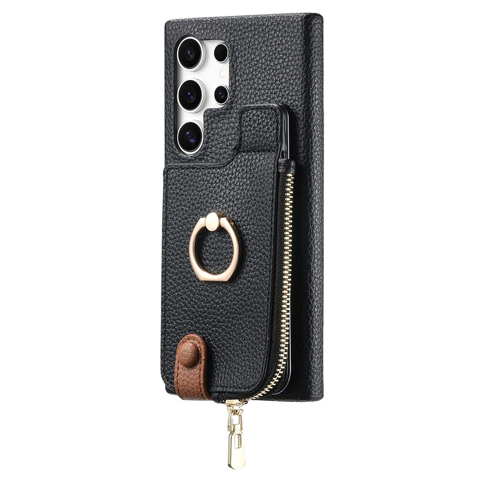 Y3 for Samsung Galaxy S24 Ultra Case Zipper Leather Phone Cover RFID Blocking Ring Kickstand