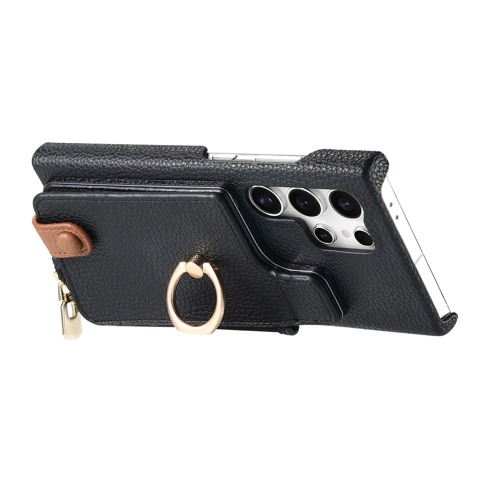 Y3 for Samsung Galaxy S24 Ultra Case Zipper Leather Phone Cover RFID Blocking Ring Kickstand