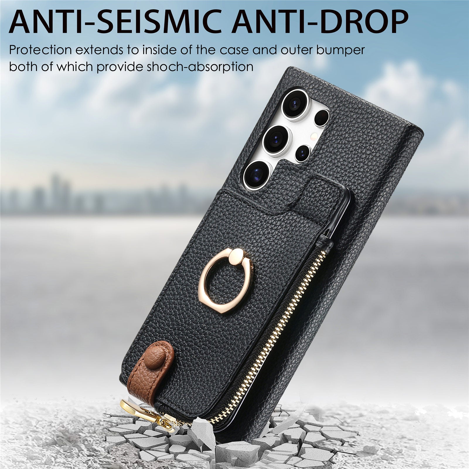 Y3 for Samsung Galaxy S24 Ultra Case Zipper Leather Phone Cover RFID Blocking Ring Kickstand