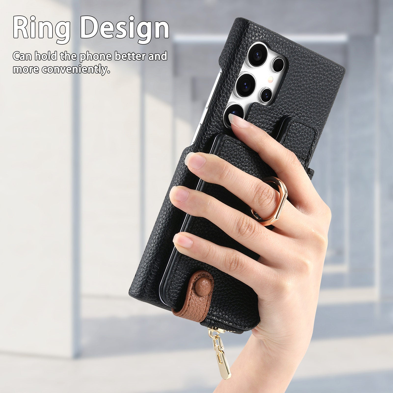 Y3 for Samsung Galaxy S24 Ultra Case Zipper Leather Phone Cover RFID Blocking Ring Kickstand