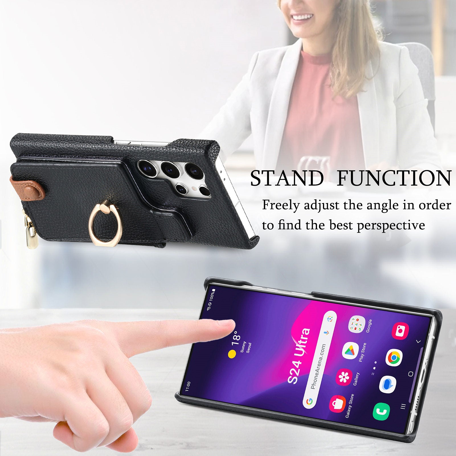 Y3 for Samsung Galaxy S24 Ultra Case Zipper Leather Phone Cover RFID Blocking Ring Kickstand