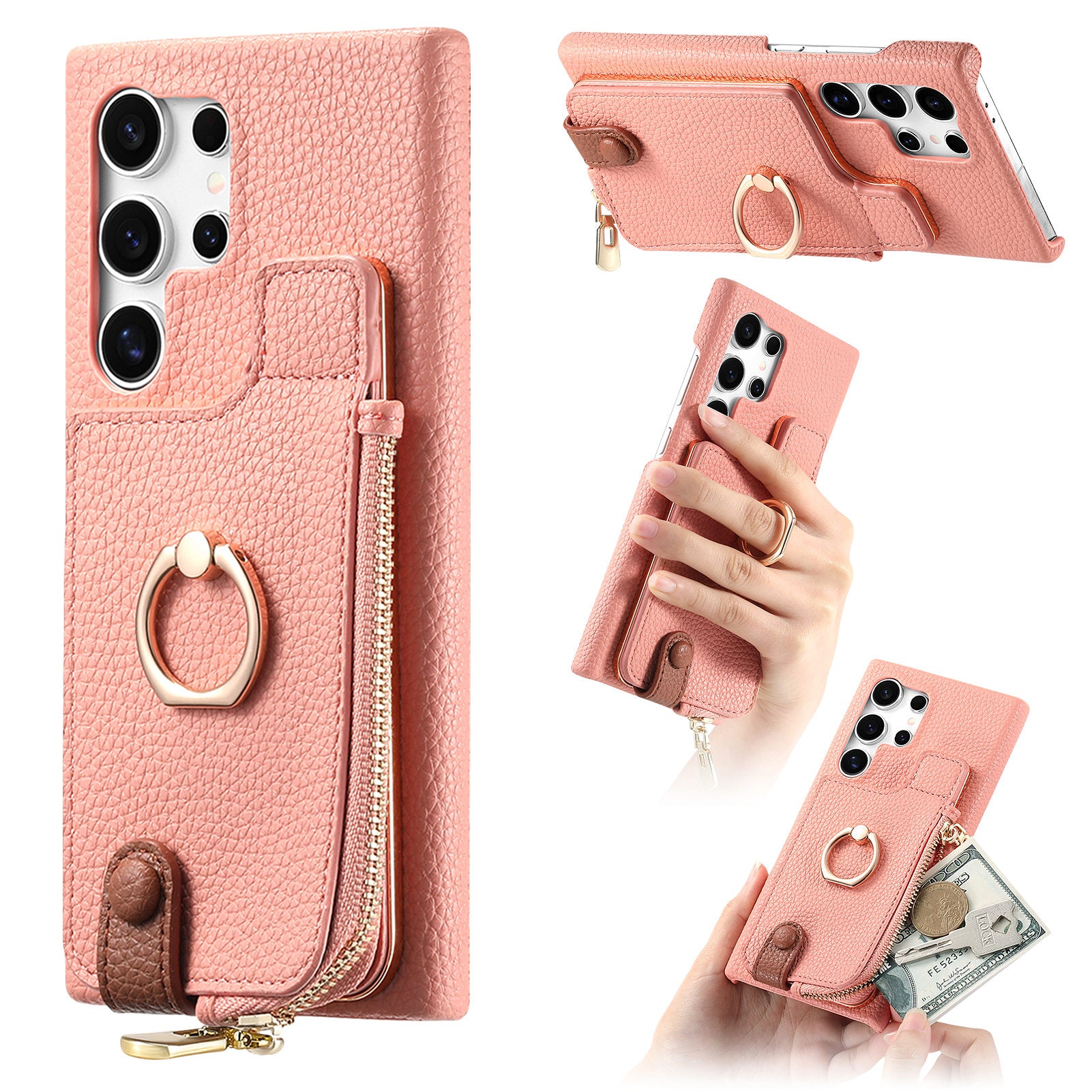 Y3 for Samsung Galaxy S24 Ultra Case Zipper Leather Phone Cover RFID Blocking Ring Kickstand